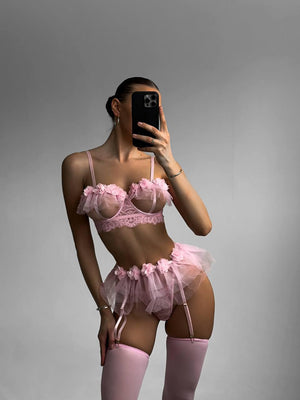 Fırfır Detay Çiçekli Jartiyerli Bralet Takım