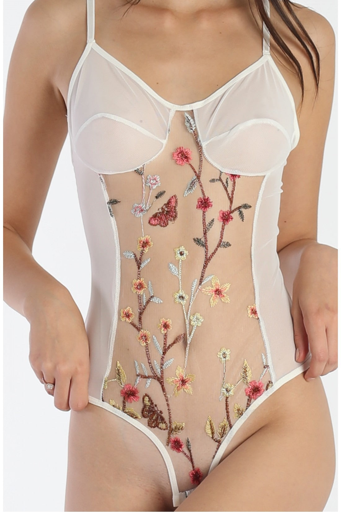 Çiçek Desenli Transparan Bodysuıt