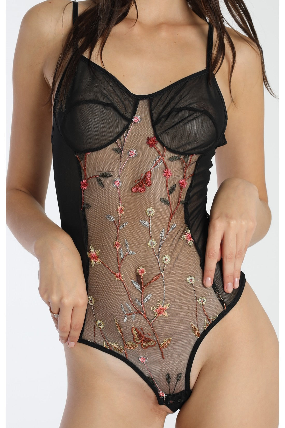 Çiçek Desenli Transparan Bodysuıt